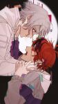  2boys absurdres ahoge aotsuki_eito black_background black_streaks blood blood_from_eyes blood_on_face blue_eyes blue_jacket eye_contact glitch grey_hair grey_jacket grimace hand_on_another&#039;s_arm highres hood hoodie jacket jacket_over_hoodie looking_at_another male_focus moon multicolored_hair multicolored_jacket multiple_boys open_mouth purple_eyes red_hair screaming short_hair spoilers strangling streaked_hair sumino_takumi the_hundred_line_-last_defense_academy- two-tone_jacket white_hoodie white_jacket xmmmmmm9 
