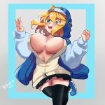  1girl alternate_breast_size areola_slip artist_name black_thighhighs blonde_hair blush bouncing_breasts breast_expansion breasts bridget_(guilty_gear) guilty_gear guilty_gear_strive highres huge_breasts large_breasts open_mouth panties pantyshot self-upload simple_background skindentation solo tagme thighhighs underwear yukimaruvs 
