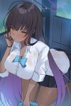  1girl absurdres black_hair black_skirt blue_archive blue_bow blue_bowtie blue_nails blush bow bowtie breasts cleavage dark-skinned_female dark_skin gradient_hair halo highres karin_(blue_archive) karin_(school_uniform)_(blue_archive) kneeling large_breasts looking_at_viewer mi_taro333 multicolored_hair pleated_skirt purple_hair purple_halo shirt skirt sleeves_rolled_up solo thighs white_shirt yellow_eyes 