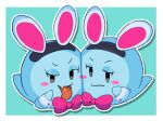 2023 bedroom_eyes black_eyes blue_background blue_body blue_eyelids blue_line_art blush blush_stickers boo_(mario) border bow_tie bunny_costume clothing colored_line_art costume digital_media_(artwork) duo face_squish fake_cat_ears fake_ears fake_rabbit_ears featureless_hands female flesh_fang ghost ghost_tail glistening_eyelids hi_res lahla_(mario) looking_at_viewer mario_bros narrowed_eyes nintendo not_furry open_mouth open_smile outline peeka_(mario) pink_blush pink_bow_tie red_tongue seductive simple_background smile sphere_creature spirit squish tereterebin tongue tongue_out white_border white_outline white_shirt_cuffs