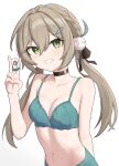  1girl absurdres aqua_bra arm_behind_back baksangmin bare_arms bare_shoulders black_choker black_ribbon blonde_hair bra braid breasts choker cleavage collarbone green_eyes grin hair_between_eyes hair_ornament hair_ribbon hairclip hand_up highres holding holding_mahjong_tile honkai:_star_rail honkai_(series) long_hair looking_at_viewer low_twintails mahjong_tile medium_breasts navel no_shirt qingque_(honkai:_star_rail) ribbon simple_background smile solo twintails underwear upper_body v white_background 