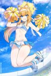  1girl absurdres animal_ears artist_request blonde_hair blue_archive blue_eyes cheerleader fox_ears halo hibiki_(blue_archive) hibiki_(cheerleader)_(blue_archive) highres mari_(blue_archive) official_alternate_costume palms skirt sky solo stadium 