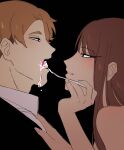  1boy 1girl black_background blonde_hair blue_eyes blush brown_eyes brown_hair cake clothed_male_nude_female feeding food fork from_side hair_over_shoulder hand_on_another&#039;s_chest highres holding holding_fork looking_at_another nude original par0llel saliva saliva_trail short_hair upper_body 