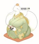 2025 anthro biped blush bowl breasts chinese_text chopsticks clothed clothing container cushion digital_drawing_(artwork) digital_media_(artwork) eating english_text eyelashes eyes_closed female food front_view fruit fully_clothed green_clothing hi_res holding_object holidays monotone_body new_year non-mammal_breasts orange_(fruit) plant reptile robe scales scalie simple_background sitting slisha_(white_slime) snake solo tail text three-quarter_view white_background white_body white_slime_(artist) white_tail