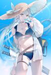  1girl bikini bird blue_bikini blue_eyes blue_sky breasts choker collarbone commentary_request cowboy_shot day food food_in_mouth grey_hair hat highres holding holding_food holding_popsicle leg_up lens_flare long_hair looking_at_viewer miwano_rag multiple_swords navel open_clothes open_shirt original popsicle popsicle_in_mouth sandals scabbard sheath shirt sky small_breasts solo straw_hat swimsuit sword weapon white_shirt wind 