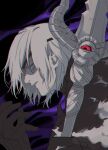  1boy arm_up armor black_armor blue_eyes commentary_request dimitri_alexandre_blaiddyd dimitri_alexandre_blaiddyd_(timeskip) emcgame eyepatch fire_emblem fire_emblem:_three_houses glowing glowing_eyes hair_behind_ear highres holding holding_polearm holding_weapon living_weapon looking_ahead male_focus medium_hair one-eyed one_eye_covered parted_lips polearm profile red_eyes solo upper_body weapon 