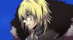  1boy armor black_armor black_fur blonde_hair blue_background blue_eyes breastplate closed_mouth commentary_request dimitri_alexandre_blaiddyd dimitri_alexandre_blaiddyd_(timeskip) dirty dirty_face eyepatch fire_emblem fire_emblem:_three_houses frown hair_between_eyes looking_ahead male_focus medium_hair one_eye_covered profile roroichi sanpaku simple_background solo upper_body white_fur 