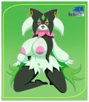  2022 anthro areola big_breasts blazkenzxy blush border breasts digital_drawing_(artwork) digital_media_(artwork) felid feline felis female fur generation_9_pokemon genitals green_body green_fur hi_res jewelry lipstick looking_at_viewer makeup mammal meowscarada nintendo nude pink_eyes pokemon pokemon_(species) pussy signature simple_background smile solo video_games white_border 