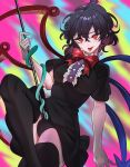  1boy 1girl ahoge asymmetrical_wings black_dress black_hair black_panties black_thighhighs blue_wings breasts buttons center_frills crossed_legs dress frills highres holding houjuu_nue looking_at_viewer neon_(co2co8) nue_day panties pointy_ears red_eyes red_wings short_dress short_hair short_sleeves smile snake solo thighhighs tongue tongue_out touhou underwear wings 