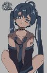  1girl arm_tattoo black_sleeves blue_eyes blue_hair blue_necktie character_name collared_shirt commentary_request detached_sleeves diamond-shaped_pupils diamond_(shape) facial_tattoo grey_background grey_shirt hair_between_eyes hatsune_miku highres long_hair long_sleeves necktie neko_7567 number_tattoo pout shirt solo squiggle symbol-shaped_pupils tattoo twintails very_long_hair vocaloid 