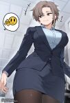  1girl blazer blue_shirt blurry blurry_background breasts brown_eyes brown_hair fanbox_username highres indoors jacket jjune large_breasts looking_to_the_side mole mole_under_eye office_lady original patreon_username shirt smile solo speech_bubble 