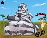 2024 absurd_res ahadi_(squashedflat) artist_logo big_butt blossonflower bodily_fluids butt butt_smother english_text equid equine felid female female/female feral grass group hi_res huge_butt hyena lion logo mammal outside pantherine pawpads plant quadruped sefira_(squashedflat) sitting_on_another size_difference sky smothering striped_body stripes sweat sweaty_butt text trio zebra