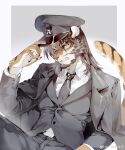  1boy absurdres animal_ears annoyed arknights beard black_coat black_hat black_necktie black_pants black_suit chinese_commentary claws clenched_teeth coat commentary_request facial_hair furry furry_male hat highres huai_tianpei_(arknights) looking_at_viewer male_focus necktie pants shirt suit tail teeth tiger_boy tiger_ears tiger_stripes tiger_tail watermark weibo_watermark white_shirt yi_tan_a_mi_ba 