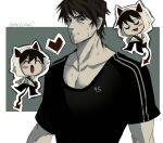  2boys ^3^ ^_^ afraid_of_monsters averting_eyes bag black_eyes black_hair black_shirt blush border brown_hair chibi chibi_inset clone closed_eyes collarbone cry_of_fear demon_horns demon_tail facial_hair floating full_body goatee_stubble green_background heart highres hood hood_up hoodie horns messy_hair multiple_boys n0elleblanc open_mouth outline pectoral_cleavage pectorals scar scar_on_face shirt short_hair shoulder_bag solo stubble sweatdrop tail tongue tongue_out upper_body white_border white_hoodie white_outline 