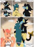2015 ambiguous_gender anthro biped black_body black_fur black_hair blush cindy_(swack16) colored comic dialogue english_text eyes_closed female_(lore) fur generation_1_pokemon generation_2_pokemon generation_4_pokemon glistening glistening_body goo_creature green_body green_hair group hair hi_res john_(swack16) kissing lina_(swack16) luxray male_(lore) markings motion_lines multi_tail nintendo nude orange_body orange_hair pokemon pokemon_(species) pokemorph quilava red_markings red_sclera simple_background smile speech_bubble standing tail text trio vulpix white_body wolferion yellow_body