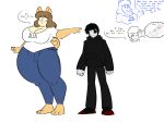 2021 ambiguous_gender anthro barefoot biped black_bottomwear black_clothing black_hoodie black_pants black_topwear blue_bottomwear blue_clothing blue_pants bottomwear brown_hair canid canine canis clothed clothed_anthro clothed_female clothed_human clothing dialogue digital_drawing_(artwork) digital_media_(artwork) domestic_dog english_description english_text feet female full-length_portrait fur grey_body grey_skin hair hi_res hoodie human josh_macready june_(jinu) mammal pants portrait shiba_inu shirt simple_background size_difference slightly_chubby slightly_chubby_female solo spitz standing t-shirt tan_body tan_fur text text_on_clothing text_on_t-shirt text_on_topwear topwear white_background white_clothing white_shirt white_t-shirt white_topwear wkeeble12