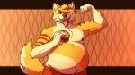  anthro belly big_belly burger canid canine chubby_anthro chubby_male clothing colored digital_drawing_(artwork) digital_media_(artwork) facial_piercing flexing flexing_bicep flexing_muscles food fox fur hair head_tuft looking_at_viewer male mammal navel nipples nose_piercing open_mouth pattern_background piercing portrait purple_spots shaded simple_background sinser skaifox smile solo spots spotted_tongue standing stripes teeth tongue tongue_out tuft underwear waist_up yellow_body yellow_fur 