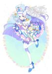  1girl adapted_costume aqua_background blue_eyes blue_hat blue_shoes blunt_bangs blunt_ends bow bow_legwear bright_pupils circle_skirt closed_mouth crown_earrings crown_print cure_nyammy dot_nose dress earrings epaulettes feet floating_clothes floating_hair flower frilled_sleeves frills full_body gloves grey_hair grid_background happy hat hat_feather hat_ornament heart heart_hat_ornament high_heels highres holding holding_instrument instrument jewelry leg_up light_blush long_hair looking_at_viewer magical_girl nekoyashiki_yuki pleated_dress ponytail precure puffy_short_sleeves puffy_sleeves pumps sash serizawa_serizane shako_cap shoes short_dress short_sleeves sleeve_bow smile solo swept_bangs tambourine thighhighs twitter_username two-tone_background very_long_hair watermark white_background white_bow white_dress white_gloves white_pupils white_thighhighs wonderful_precure! 