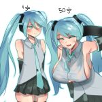  2girls alternate_breast_size arm_behind_head bouncing_breasts breast_expansion breasts closed_eyes hatsune_miku highres huge_breasts large_breasts long_hair multiple_girls necktie self-upload shirt sideboob skirt sleeveless sleeveless_shirt tagme very_long_hair vocaloid yukimaruvs 