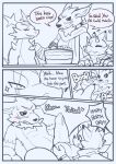 animal_genitalia balls bandai_namco birthday blush cake canid canine clothed clothing comic dessert digimon digimon_(species) dracomon fakemon fondling food fox gammamon genitals hi_res magi_the_kitsumon magic magic_user male male/male mammal nude penis risenpaw sheath sketch text
