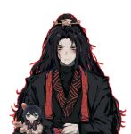  1boy black_hair black_hanfu chibi chibi_inset chinese_clothes curtained_hair hair_ornament hand_on_own_stomach hanfu high_ponytail highres jia_qiu_(project_moon) limbus_company long_hair male_focus outline outstretched_hand ponytail project_moon red_hong00 red_outline red_scarf red_trim rope_belt scar scar_on_face scarf solo upper_body very_long_hair white_background 