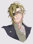  1boy alternate_costume black_jacket blonde_hair blue_eyes closed_mouth collared_shirt commentary_request cropped_shoulders crossed_bangs dimitri_alexandre_blaiddyd dimitri_alexandre_blaiddyd_(timeskip) english_commentary eyepatch fire_emblem fire_emblem:_three_houses formal_clothes frown hair_behind_ear hair_between_eyes highres jacket lapels male_focus mixed-language_commentary narrowed_eyes one_eye_covered open_clothes open_collar open_jacket shirt short_sideburns simple_background sketch solo suit_jacket umi_(_oneinchswing) white_shirt 