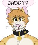 anthro blush chuck_(p_rindustries) collar daddy_kink dialogue domestic_cat felid feline felis fur leather leather_collar male mammal p_rindustries pink_nose shirtless simple_background striped_body striped_fur stripes submissive tan_body tan_fur whisker_spots white_background white_body white_fur