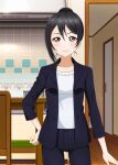  1girl arm_at_side black_hair black_pants black_suit blush breasts chair closed_mouth collarbone dining_room door hair_between_eyes hair_bun hand_on_own_hip indoors kitchen long_sleeves looking_at_viewer love_live! love_live!_school_idol_festival love_live!_school_idol_project mature_female medium_breasts official_art open_clothes open_hand pants pink_lips red_eyes shirt single_hair_bun smile solo suit table tachi-e tile_wall tiles white_shirt wooden_chair wooden_table yazawa_nico&#039;s_mother 