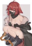  1girl absurdres ahoge anger_vein animal_ears arknights bare_shoulders black_boots black_coat black_gloves boots border breasts cleavage coat commentary_request covered_mouth covering_nipples covering_privates crownslayer_(arknights) elbow_gloves fingerless_gloves full_body gloves grey_background hair_between_eyes hair_ornament hairclip highres knee_boots looking_at_viewer mask medium_breasts mouth_mask ninja_mask no_bra nyo_(fy_1) outside_border partial_commentary red_eyes red_hair shiny_skin short_hair solo spoken_anger_vein squatting tearing_up white_border 
