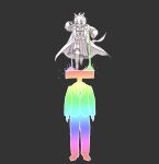  1boy 1girl agnes_tachyon_(umamusume) animal_ears arms_at_sides business_suit coat formal_clothes full_body grey_background hair_between_eyes hawawa_(hawawauma) highres holding holding_test_tube horse_ears horse_girl horse_tail jacket jumping lab_coat long_sleeves looking_at_another necktie open_clothes open_coat open_mouth pants pouring pouring_onto_another school_uniform shirt simple_background skirt sleeves_past_fingers sleeves_past_wrists smile suit suit_jacket t-head_trainer_(umamusume) tail test_tube thighhighs tracen_school_uniform trainer_(umamusume) umamusume 