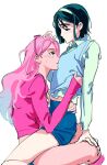  2girls absurdres alien_stage black_hair blue_hair blue_necktie blue_skirt blue_vest bob_cut commentary english_commentary eyewear_on_head gradient_hair green_eyes hairband hand_on_another&#039;s_head hand_on_another&#039;s_waist highres jacket long_hair mizi_(alien_stage) multicolored_hair multiple_girls necktie official_alternate_costume pink-framed_eyewear pink_jacket purple_eyes roru_(lol_dessin) shirt short_hair simple_background sitting sitting_on_lap sitting_on_person skirt sleeves_past_wrists sua_(alien_stage) sunglasses two-tone_hair unfinished vest white_background white_hairband white_shirt yuri 