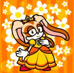 2024 5_fingers anthro bent_arm brown_eyes brown_markings captainquack64 closed_smile clothed clothed_anthro clothed_female clothing cosplay cream_the_rabbit crown digital_drawing_(artwork) digital_media_(artwork) dress english_description eyelashes facial_markings female female_anthro fingers flat_colors floppy_ears floral_background flower footwear full-length_portrait fur gem gloves handwear head_markings headgear hi_res high_heels lagomorph leporid long_ears long_eyelashes looking_at_viewer lop_ears mammal mario_bros markings mouth_closed multicolored_body multicolored_fur nintendo orange_background pink_inner_ear plant portrait princess_daisy rabbit red_clothing red_footwear red_high_heels ruby_(gem) sega shoes simple_background smile smiling_at_viewer solo sonic_the_hedgehog_(series) standing tan_body tan_fur white_body white_clothing white_flower white_fur white_gloves white_handwear yellow_clothing yellow_dress