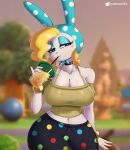  2022 absurd_res animal_crossing anthro beverage blurred_background bubble_tea clothed clothing digital_media_(artwork) eyelashes female fingers francine_(animal_crossing) front_view gammainks green_nose hair half-closed_eyes hi_res holding_object lagomorph leporid looking_at_viewer mammal narrowed_eyes navel nintendo rabbit solo video_games 
