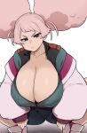  1girl afro_puffs alternate_breast_size asticassia_school_uniform breasts bright_pupils cameltoe chuatury_panlunch cleavage collarbone commentary_request double_bun gundam gundam_suisei_no_majo hair_bun highres huge_breasts otogi_tetsurou pink_eyes pink_hair puffy_sleeves school_uniform simple_background squatting squinting white_pupils 
