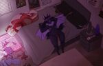 absurd_res air_conditioner anthro bat bat_plushie bed bedding bedroom black_hair blanket blinds bodily_fluids body_pillow clothed clothes_on_floor clothing dark_room dildo ear_piercing eyewear fangs female fur furniture glasses hair hand_covering_face hi_res highlights_(coloring) leaf-nosed_bat mammal microbat neck_tuft nipple_piercing nipples panties panties_only piercing pillow plushie poster purple_body purple_fur purple_highlights red_clothing red_panties red_underwear rug sex_toy solo sweat teeth tinted_glasses topless trinitynight tuft underwear underwear_only vampire vampire_bat vibrator victoria_windsong wand_vibrator wearing_glasses winged_arms wings yangochiropteran