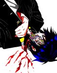  1boy black_eyes black_hair bleeding blood boxcutter highres holding holding_boxcutter looking_at_viewer male_focus randal&#039;s_friends short_hair simple_background slit_throat solo suicide tsukada_satoru upper_body upside-down uri_ka55 white_background 