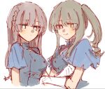  2girls alternate_hairstyle arm_at_side assault_lily black_hair black_shirt blush braid breasts brown_hair closed_mouth commentary_request cropped_torso elbow_gloves from_side gloves green_eyes hand_on_another&#039;s_arm hands_up heterochromia highres kuo_shenlin looking_at_viewer looking_to_the_side medium_breasts multiple_girls no_pupils official_alternate_costume pink_eyes rui_rui_rui0122 shirt short_sleeves side_ponytail sidelocks simple_background single_braid smile upper_body wang_yujia white_background white_gloves yellow_eyes 