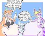 5:4 abdominal_bulge ambiguous_gender anthro argument belly_press both_sexes_in_same_situation canid canine canis chacal_(starry_stoat) cheshire_cat_(species) domestic_dog female female_pred fighting_over_prey group hi_res lavender_(starry_stoat) male male/female male_pred mammal overweight shiba_inu spitz starry_stoat trio vore weight_gain ych_(character)