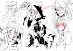  ^_^ absurdres blush braid character_request closed_eyes covering_face curse_maker curse_maker_1 fang fingerless_gloves flat_cap flying_sweatdrops gloves goggles goggles_on_headwear hair_between_eyes hat hat_feather highres hood hood_up hooded_robe jacket long_sleeves nervous_smile nikki_kyousuke nose_blush parted_bangs ranger_(sekaiju) ranger_1_(sekaiju) robe scar scar_on_face scar_on_nose scratching_cheek sekaiju_no_meikyuu short_eyebrows signature simple_background smile sweat thick_eyebrows translation_request watermark white_background 