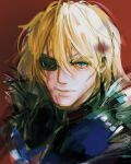  1boy armor black_armor blonde_hair blood blood_in_hair blood_on_face blue_eyes breastplate dimitri_alexandre_blaiddyd dimitri_alexandre_blaiddyd_(timeskip) eyepatch fire_emblem fire_emblem:_three_houses highres lno408 looking_at_viewer male_focus messy_hair one_eye_covered portrait red_background sanpaku solo 