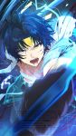  1boy absurdres asaba_harumasa black_hair blood blood_from_mouth blood_on_face headband heterochromia highres lightning looking_at_viewer male_focus open_clothes open_mouth open_shirt parted_bangs piyansuke short_hair upper_body yellow_eyes yellow_headband zenless_zone_zero 