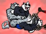 4_toes anthro bear black_body black_fur black_pawpads blue_clothing blue_underwear brown_body brown_fur canid canine claws cleaning_tool clothed clothing donnie_dixon duo_focus feather_duster feet felid fox fur fur_markings giant_panda gloves_(marking) grey_body grey_fur group holding_cleaning_tool holding_feather_duster holding_object kctk kyle_(kctk) male male/male mammal markings muscular muscular_anthro muscular_male open_mouth open_smile pantherine pawpads paws pink_tongue red_body red_clothing red_fur red_underwear russell_redford siberian_tiger sitting smile striped_body striped_fur striped_markings striped_tail stripes tail tail_markings teeth tickle_fetish tickling tickling_belly tickling_feet tiger toe_claws toes tongue topless topless_anthro topless_male trio underwear underwear_only white_body white_fur