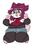 2025 3_toes 4_fingers anaugi anthro badger blue_eyes bottomwear clothed clothing denim denim_bottomwear denim_clothing denim_shorts fangs feet female fingers freckled_face freckles fur gesture hair hand_gesture hi_res hoodie legwear long_hair mammal mustelid musteline nuggy_(anaugi) open_clothing open_hoodie open_mouth open_smile open_topwear pink_body pink_fur ponytail red_hair scut_tail short_tail shorts shoulderless_sweater simple_background smile solo star_eyes starry_eyes stockings tail teeth toeless_legwear toeless_stockings toes topwear trans_(lore) trans_woman_(lore) v_sign white_background