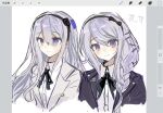  2girls art_program_in_frame black_hairband black_jacket black_ribbon bow_hairband braid collared_shirt cropped_torso grey_hair hair_ornament hairband hairpin highres jacket kanae2243308964 kashimiya_karua kirifuji_nozomi light_blush long_hair multiple_girls multiple_hairpins neck_ribbon procreate_(medium) purple_eyes ribbon shirt simple_background sketch smile the_hundred_line_-last_defense_academy- white_jacket white_shirt 