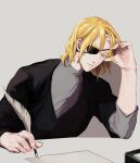  1boy black_shirt blonde_hair blue_eyes closed_mouth commentary_request dimitri_alexandre_blaiddyd dimitri_alexandre_blaiddyd_(timeskip) elbow_rest emcgame eyepatch fingernails fire_emblem fire_emblem:_three_houses grey_background grey_shirt hand_on_own_face holding holding_quill layered_clothes layered_sleeves long_sleeves looking_down male_focus one_eye_covered paper quill shirt short_over_long_sleeves short_sleeves simple_background sitting solo turtleneck 