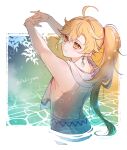  1boy aether_(genshin_impact) aether_(hot_springs)_(genshin_impact) ahoge alternate_hairstyle arms_up blonde_hair blue_shorts border commentary_request cowboy_shot earrings genshin_impact gradient_background green_background interlocked_fingers ituki_gnsn jewelry long_hair looking_at_viewer looking_back male_focus ponytail shorts simple_background smile solo stretching towel towel_around_neck twitter_username wading white_background yellow_background yellow_eyes 