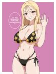  absurdres arm_behind_back ass_visible_through_thighs bikini black_bikini blonde_hair blush breasts brown_hair cleavage collarbone cowboy_shot dani_(angrymatthew) english_text floral_print_bikini hair_between_eyes hand_up highres jewelry kitagawa_marin large_breasts lipstick long_bangs long_hair looking_at_viewer makeup nail_polish navel pink_lips pink_nails ribbon-trimmed_bikini ribbon_trim ring smile solo sono_bisque_doll_wa_koi_wo_suru speech_bubble standing swimsuit teeth thighs wedding_ring 