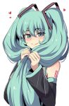  1girl aqua_eyes aqua_hair arm_tattoo arms_up black_sleeves blush choppy_bangs detached_sleeves hatsune_miku heart highres hinghoi holding holding_own_hair long_hair number_tattoo simple_background smile solo tattoo twintails upper_body very_long_hair vocaloid white_background wide_sleeves 
