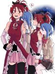  2girls black_ribbon black_skirt black_thighhighs blue_hair brown_shirt dress hair_ribbon highres holding_another&#039;s_wrist juliet_sleeves licking_shoulder long_hair long_sleeves mahou_shoujo_madoka_magica mahou_shoujo_madoka_magica_(anime) mermaidcandle miki_sayaka mitakihara_school_uniform multiple_girls open_mouth pink_skirt pleated_skirt pointy_ears ponytail puffy_sleeves red_dress red_eyes red_hair ribbon sakura_kyoko sakura_kyoko_(magical_girl) school_uniform shirt skirt sleeveless sleeveless_dress spoken_blood sweat thighhighs vampire yuri 