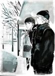  1girl 3boys axis_powers_hetalia bag blush boots border branch building bus_stop city closed_eyes closed_mouth coat covered_mouth dark-skinned_female dark_skin day facial_hair france_(hetalia) from_side greyscale hand_in_pocket hat holding holding_bag jacket lamppost long_sleeves looking_at_viewer monochrome multiple_boys outdoors pants pom_pom_(clothes) puffy_long_sleeves puffy_sleeves road scarf short_hair sky standing suda_(isudayo) sweater tree turtleneck turtleneck_sweater united_kingdom_(hetalia) winter 